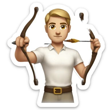 a male archer bending a bow, wearing a white shirt, very short brown hair, bright skin, only show upper part of the body from waist up sticker
