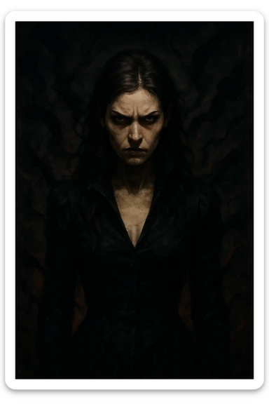 A brunette lady with a terrible, ominous aura, visually striking style, intense and foreboding expression, surrounded by chaotic negative energy, menacing and dreadful aura, sharp features, unsettling vibe sticker