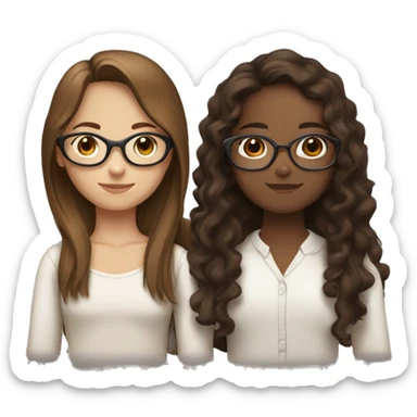Two girls hugging, one with white skin and with long straight brown hair with glasses and the other girl with brown skin long dark brown curly hair  sticker