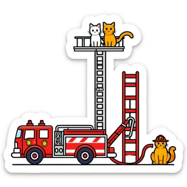 Fire truck with aerial ladder four firemen rescuing a cat sticker