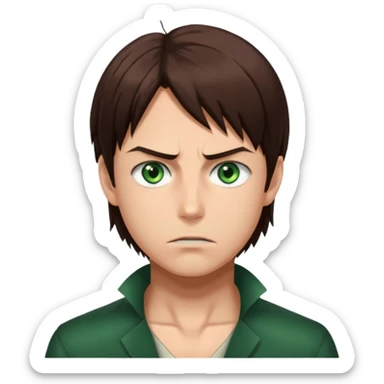 “Create an avatar that looks like Eren Yeager from Attack on Titan, Season 3 — sharp jawline, tied-back long brown hair, intense green eyes, serious expression.” sticker