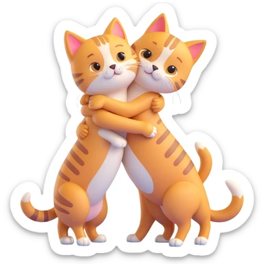 cute friendly cat hugging dog, both standing on hind legs, bright colors sticker