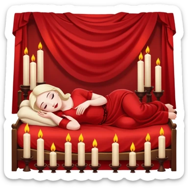 Low bed, red sheets, candles everywhere, woman reclining in shadowed control sticker
