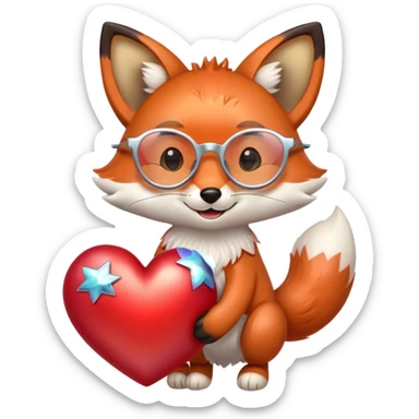 A dreamy fox with iridescent fur, a glowing tail, a silver star on its forehead, and round glasses, hugging a big red heart and smiling warmly. 🦊❤️ sticker