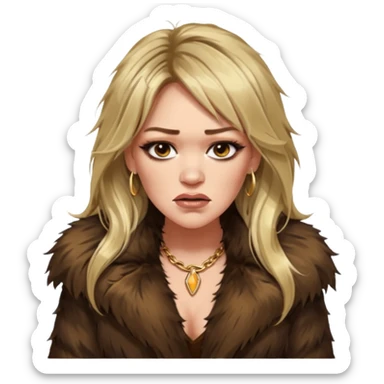 Cinematic realistic ultra HD angry, moody, glamorous extremely made up Hilary Duff extremely long long hair in shaggy fur coat with bronze flash sticker
