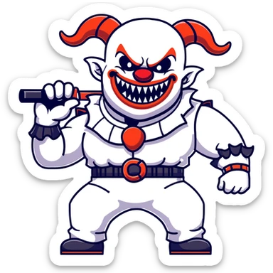 full-body muscular demonic clown, battle-ready, black and white leisure suit with bellbottom pants, bald, black ram horns, flashy black and white belt, ruffled white shirt, no neck tie, large fangs, holding very large futuristic rifle sticker