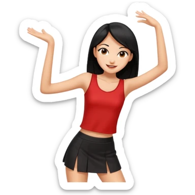 Chicas esbelta con falda corta negra y top rojo,pelo semi largo negro y lacio  super feliz,pero bailando sticker