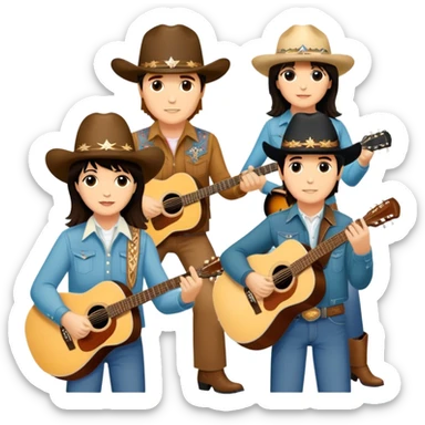 Icon for Country Music: A collage featuring Eagles as a band, Ricky Nelson, and Linda Ronstadt. Acoustic guitars, cowboy hats, and a vintage Americana aesthetic evoke the spirit of classic country and country rock. Warm earthy tones. Transparent background. sticker