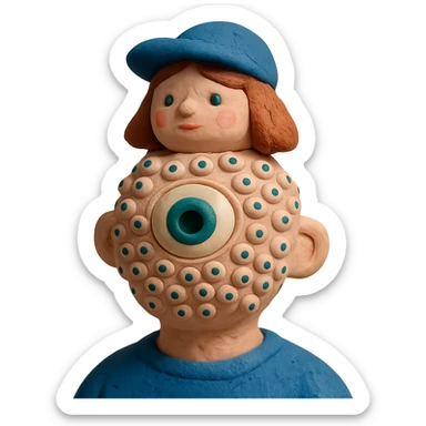 guy with 300 eyes, one big green eye in the middle of his head, hat made out of a girl on his head sticker