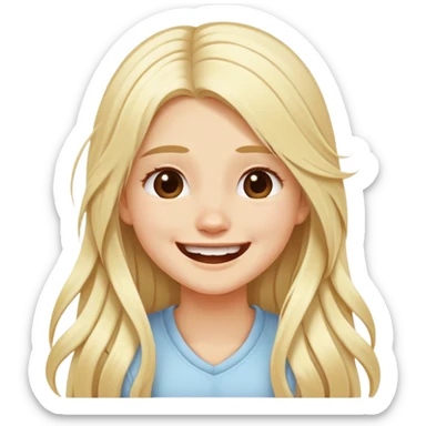 A girl with long blond hair and two white strands of hair at her face sits and laughs sticker