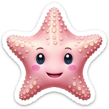 Cinematic cute round starfish, pastel pink, soft bumpy texture, tiny happy face, slightly tilted, glowing warmly, sparkling with gentle ocean magic. sticker
