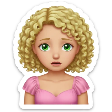 the girl is that criying she has green eyes and blond hair curly pink dress, sticker
