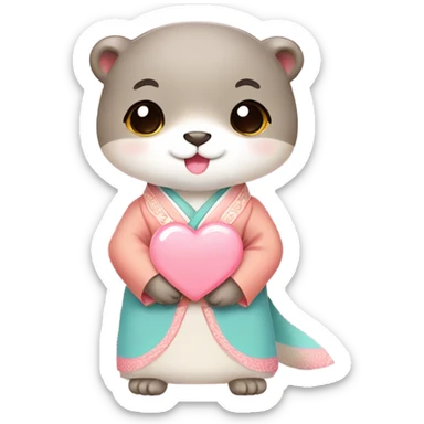 A cute and lovely otter dressed in pastel-colored traditional Korean hanbok, holding a coral-pink heart sticker
