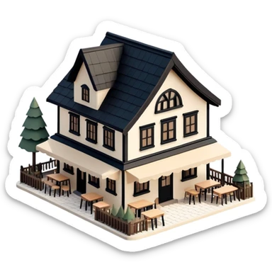 Isometric exterior little black, beige, and white mountain restaurant, dollhouse style 3D realistic  sticker
