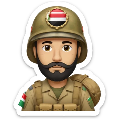 A tired, swarthy Iraqi soldier with a beard, an Iraqi flag on his helmet, a sad expression and bags under his eyes sticker