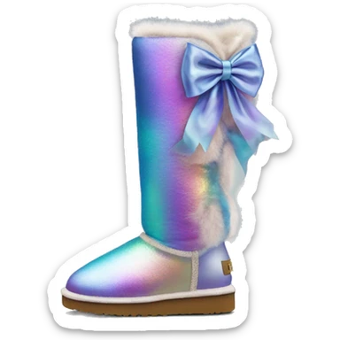 Tall Pair of iridescent fur Ugg boots with silk ribbon bow. sticker