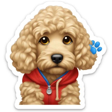 Blonde Cocapoo with red hoodie and blue dog paw prints  sticker