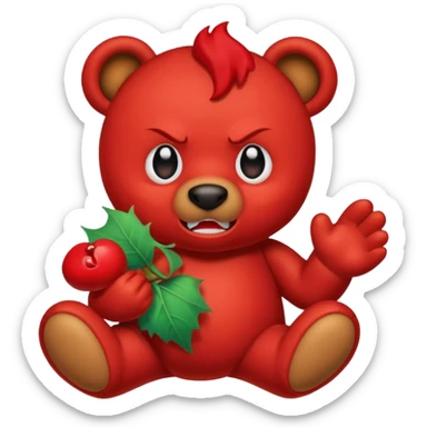 A red devil tearing up a brown teddy bear sticker