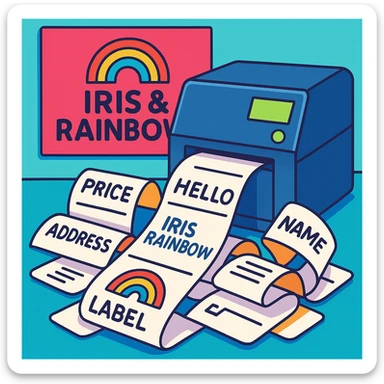 A label printer producing many labels, with a prominent 'Iris & Rainbow' logo in the background, clean and professional look, colorful, modern, vibrant, clear, playful, bright sticker