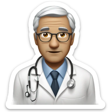 "An older man with thin, neatly combed gray hair, a sharp nose, and a cold, analytical look. He wears a pristine white coat, thin glasses, and carries a stethoscope or medical bag." sticker