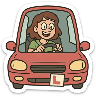 cheerful learner driver behind the wheel of a car with L-plate on the car, cartoon style sticker