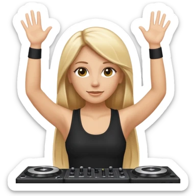 I want a white female dj animated gif emoji with long straight blonde hair putting hands up in the air. Wearing a black tight top with no sleeve sticker