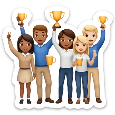 A team of the best happy employees of the bank. Everyone is different, but very friendly. There are girls and boys. They won and celebrate the victory. There are 5 of them. And keep holding onto the cup. sticker