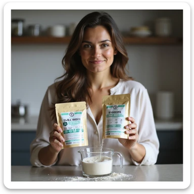 realistic photograph of a woman in a kitchen with a serene expression, holding two distinct packages of Myo-Inositol and D-chiro-Inositol with clearly visible labels, pouring powders into a measuring cup, natural light sticker