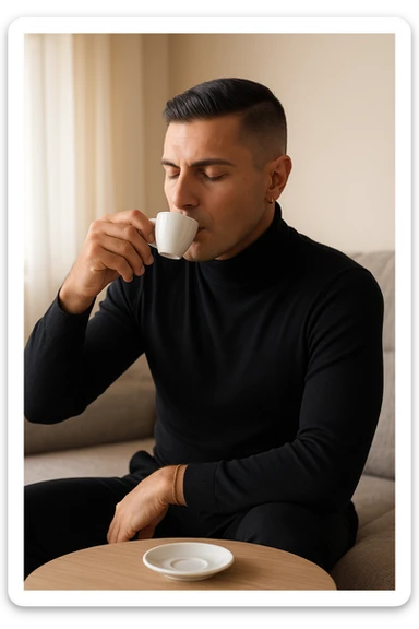 Uomo adulto in abiti casual in un ambiente domestico o ufficio tranquillo, mentre beve un caffè espresso con espressione consapevole. Subito dopo, si sdraia su un divano per un breve riposo di 20 minuti, occhi chiusi, posizione rilassata. La stanza è luminosa ma tranquilla, luce pomeridiana morbida che filtra dalla finestra. Atmosfera rigenerante e silenziosa. Accanto a lui, una tazzina vuota. Il suo viso appare calmo, in attesa del recupero energetico sticker