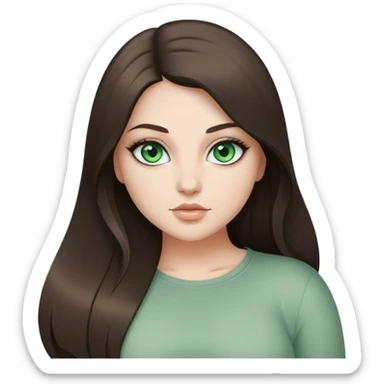 Curvy but beautiful brunette girl, desaturated green eyes, pin straight super long hair, modern style sticker