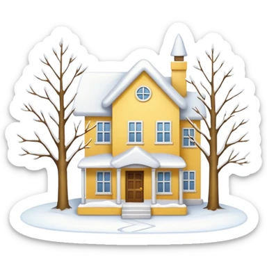 Yellow-white house. A small tree. Winter sticker