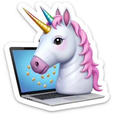 Unicorn coding on a laptop, with peanuts all over the computer sticker