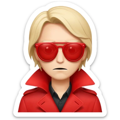 an evil fraudster in red sunglasses and a red trench coat who's hiding his face sticker