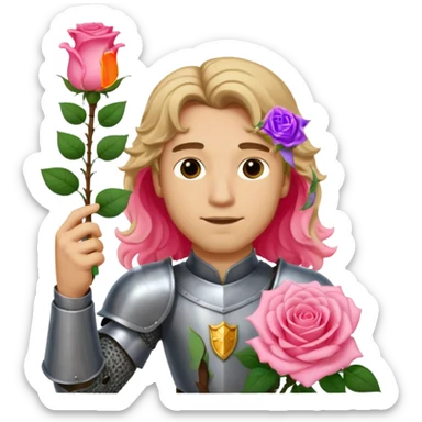 A male knight with light skin and long dark blonde wavy hair holding up a single light pink rose  sticker