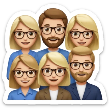 A man with hair and glasses and  a woman with long brown hair and a man with a beard and a woman with a blonde bob sticker