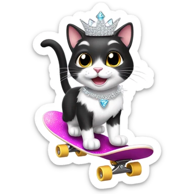 Grinning Black and white cat skateboarding wearng crystal tiara sticker