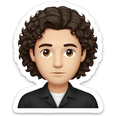 He’s a man with light to medium skin, a defined oval face, full brows, deep-set eyes, and wavy to curly dark brown hair styled with height, sides are low. expression calm and focused relaxed black open-collar shirt.polished, articulate, and professional vibe. sticker