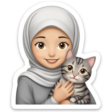 Asian white Hijab girl holding a black grey tabby cat with smiling sticker