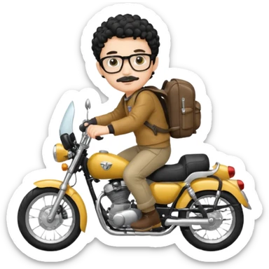 A young boy DEVELOPER WITH A backpack, black curly short hair, wearing glasses, a thin mustache, his skin is white, riding a motorcycle sticker