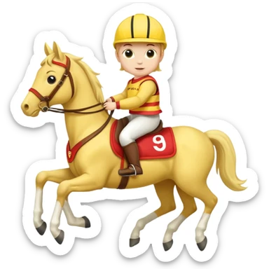 baby riding horse wearing racing cloth yellow number sticker