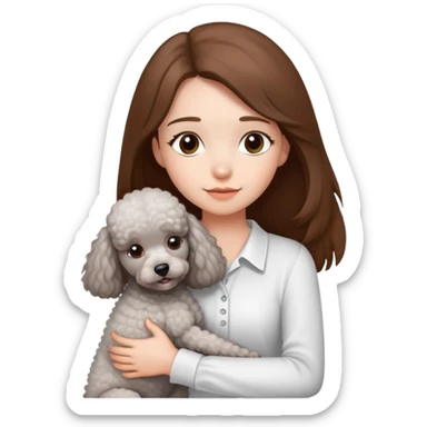A girl with long straight hair and a white shirt hugs a small light gray poodle sticker
