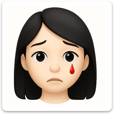 Make the character look like the official Apple emoji style. Replace the lots of blood with a single small red tear. Keep her pale skin, black straight hair, and a subtle sad expression. The style should mimic the Apple emoji style closely. sticker