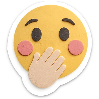 happy face with hand over mouth, wide eyes, pink cheeks, paper craft style sticker