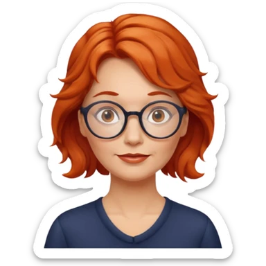 middle-aged woman from Norway, red-orange wavy hair tied to the left, large round glasses, gentle expression sticker