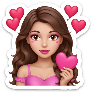 girl with long wavy brown hair, brown eyes, long lashes makeup, sexy pink lips, light to medium complexion, wearing a pink sexy top, many  hearts in hand sticker
