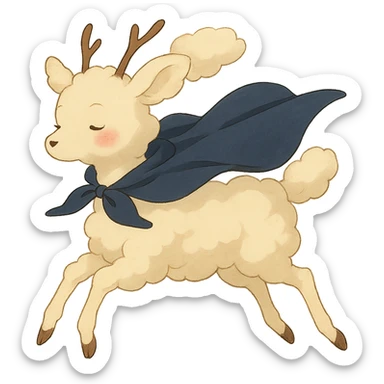 soft vanilla cloud doe with rosy cheeks, floating gracefully like a witch, ghibli style sticker