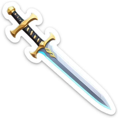 Clash of Clans aesthetic: Cinematic Playful Sword Emoji, rendered in a 3D vector-style similar to standard emojis with minimal shading and bold, simplified shapes. A compact, isometric blade with a gleaming, intricately designed hilt and a razor-sharp edge, softly glowing with a heroic, battle-ready charm. Simplified yet unmistakably iconic, highly detailed and consistent, glowing with a soft radiant brilliance and high shine. Stylized with a touch of medieval finesse and a soft glowing outline, capturing the essence of a legendary sword with a friendly, playful vibe! sticker