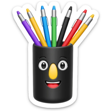 black pen holder cup with colorful pens inside, emoji style sticker