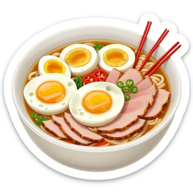 Create a realistic ramen bowl with broth, egg, pork slices & toppings. sticker