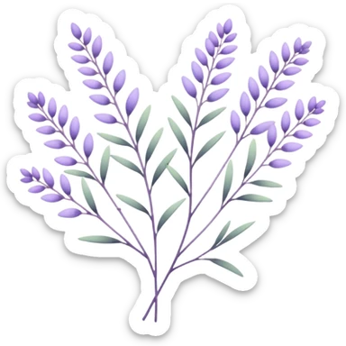 simple flower branches. The art style is clean line art with delicate watercolor textures, pastel colors, and a dominant palette of lavender, soft lilac, and muted purple. sticker